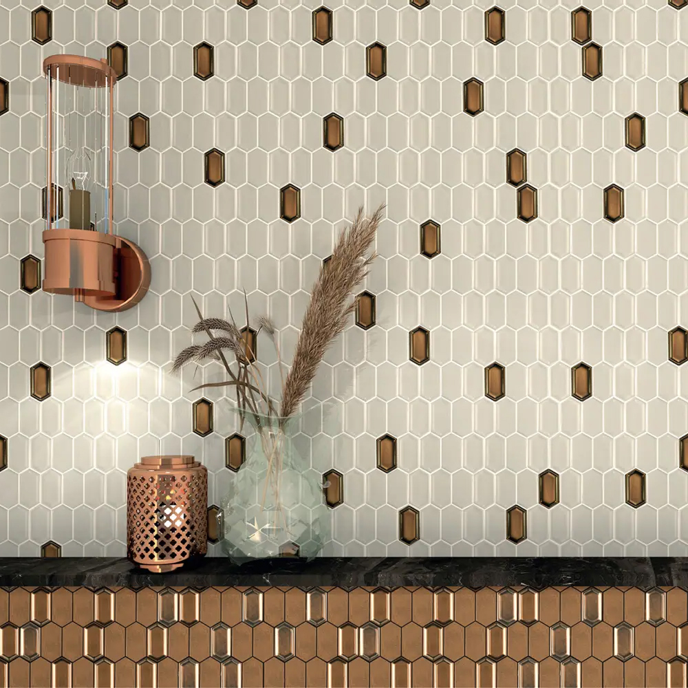 白混金 亮面箭型馬賽克｜進口石英磚｜精品質感 餐飲空間 金屬效果