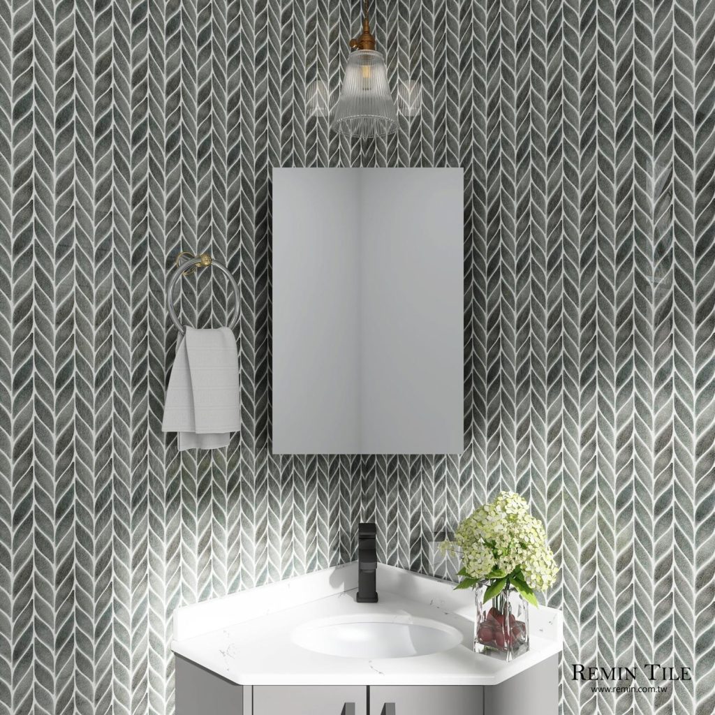 葉形馬賽克 亮面窯變泡泡紋灰 浴室壁磚