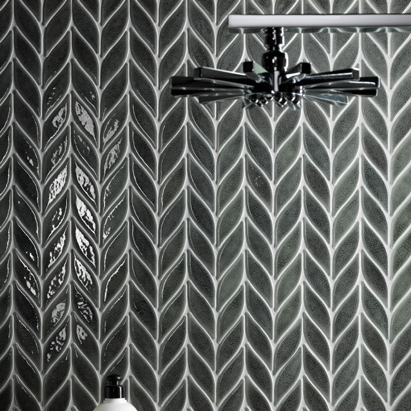 葉形馬賽克-亮面壁磚｜進口2.7×8.4石英磚｜窯變泡泡紋灰 綠 白