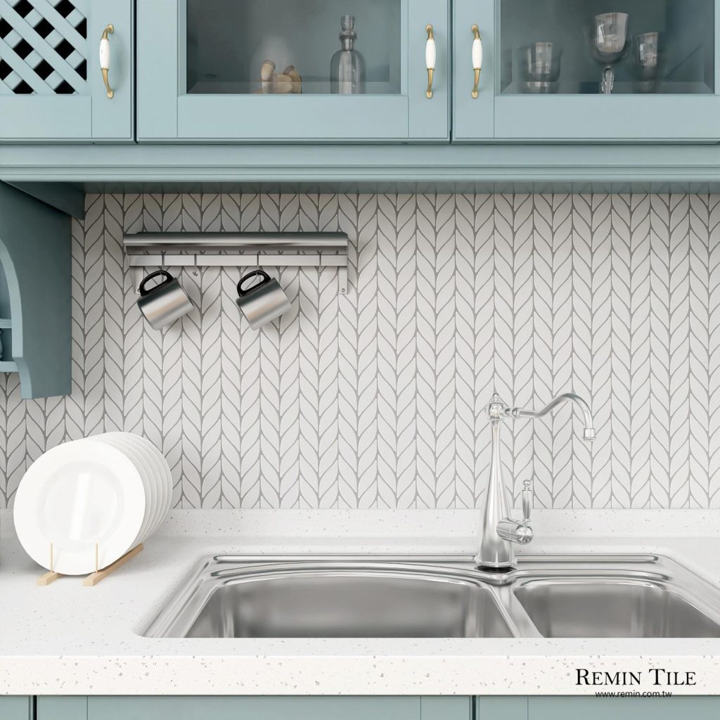 葉形馬賽克 亮面白 餐廳壁磚