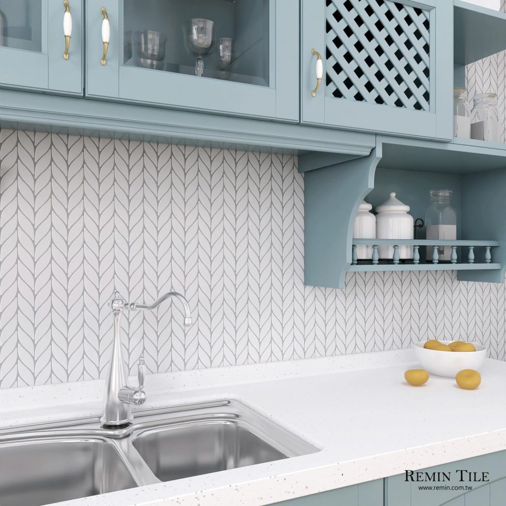 葉形馬賽克 亮面白 餐廳壁磚