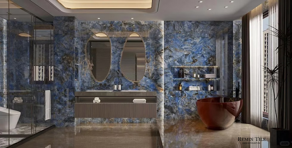 頂級藍寶石 亮面連紋石紋大板磚 120×270 9mm 薄板磚 客廳壁磚 商空壁磚 四方連續 藍色壁磚 挑高壁磚 樓中樓壁磚