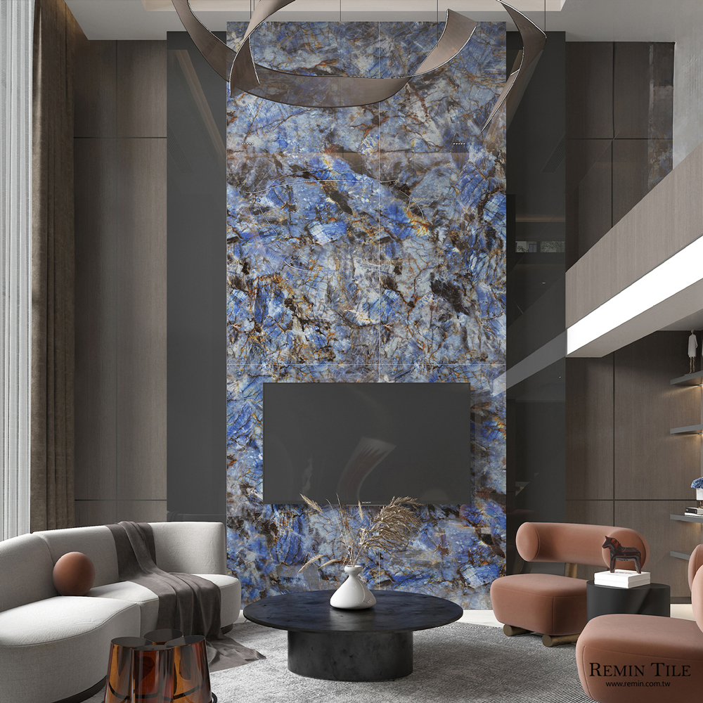 頂級藍寶石 亮面連紋大板磚｜120×270石英磚｜商空挑高客廳壁磚