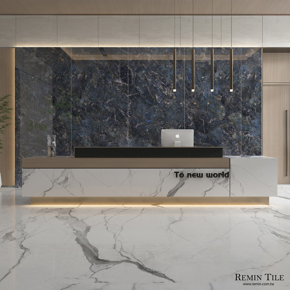 藍翡翠 亮面連紋石紋大板磚｜120×270石英磚｜藍色挑高壁磚