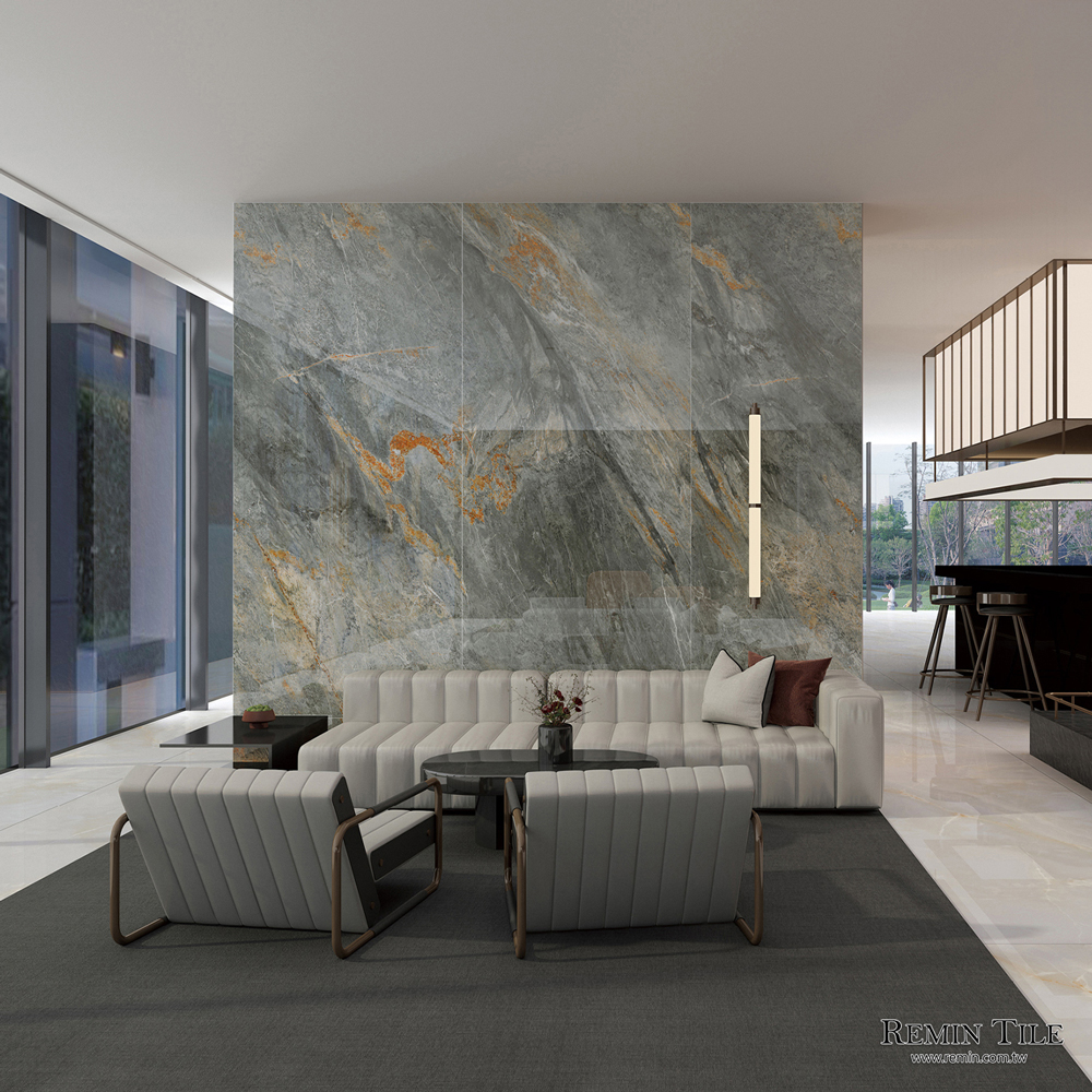 梵谷灰 亮面連紋石紋大板磚｜120×270石英磚｜挑高壁磚