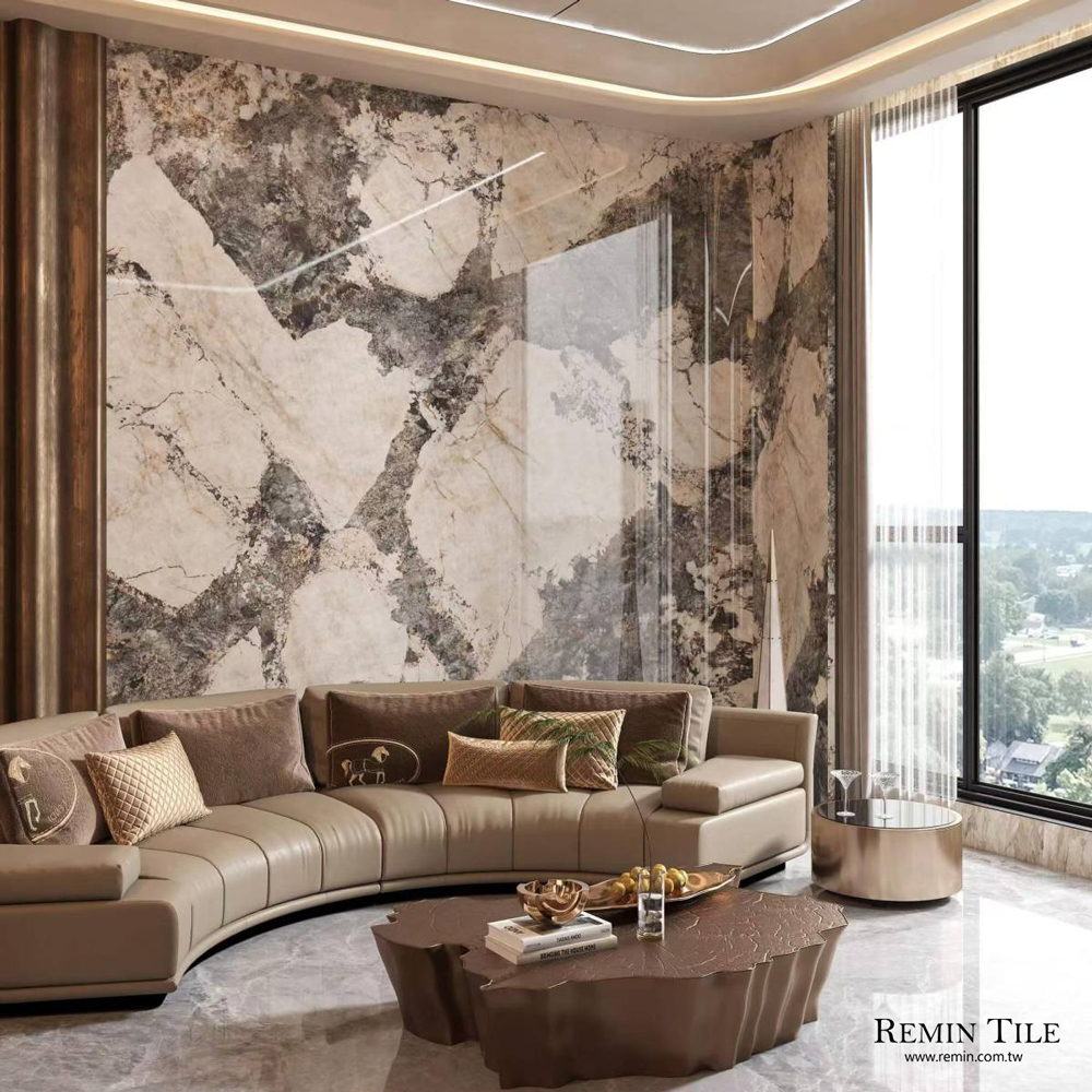 維多利亞金-亮面連紋石紋大板磚｜進口120×270石英磚｜客廳壁磚