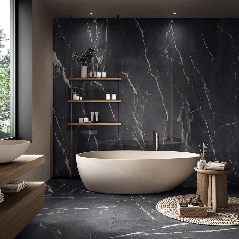 蒙特黑 大理石紋薄大板｜義大利120×278石英磚｜豪宅地壁亮霧面