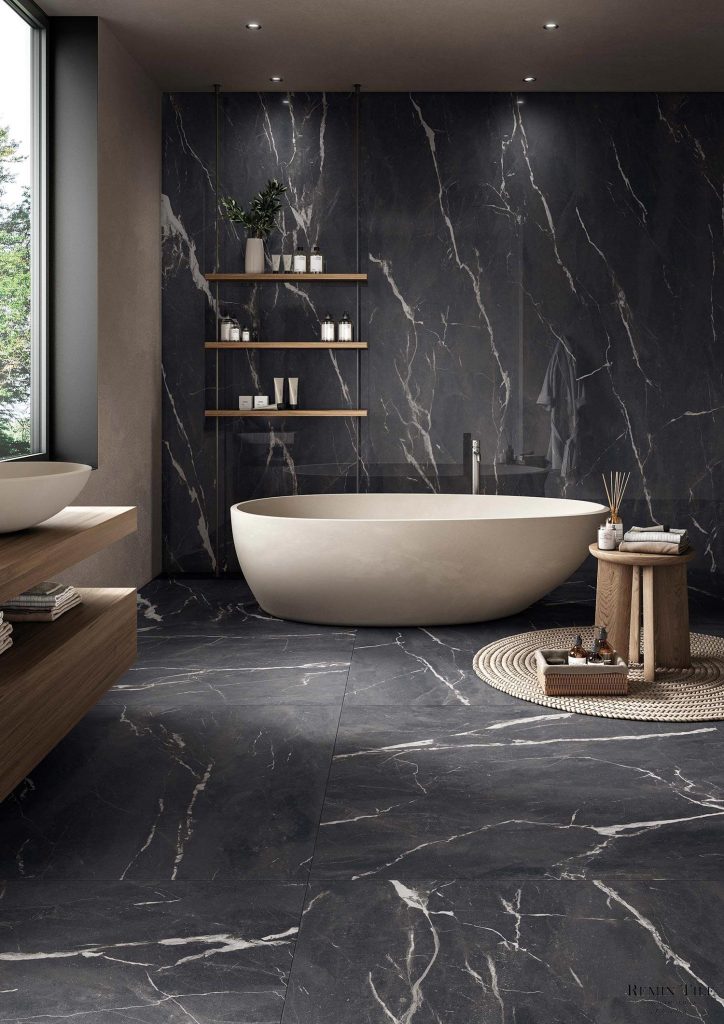 蒙特黑 大理石紋薄大板 西班牙120×278 石英磚 亮面 霧面 浴室地磚 浴室壁磚 黑色