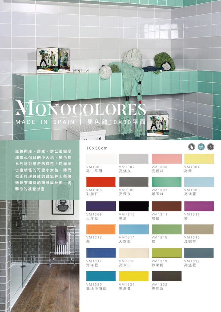 變色龍 立體地鐵磚 色磚 浴室壁磚 廚房壁磚 商空壁磚 灰色 米色 黃色 粉藍色 藍色 紅色 綠色 棕色 咖啡色 橘色 紫色 白色 10*30 亮面 霧面 平面