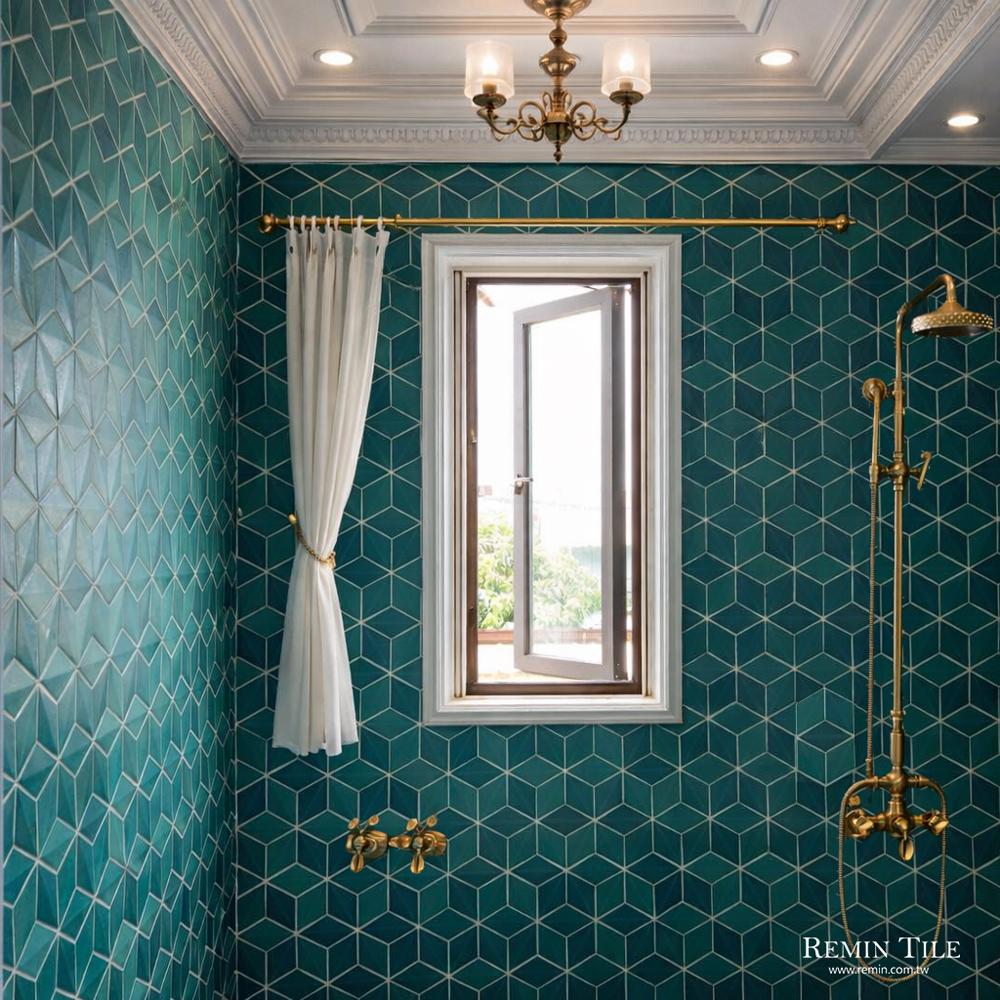 窯變立體菱形馬賽克磚｜藍綠色日本製立體壁磚｜伊凡